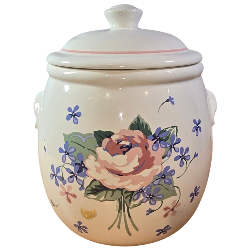 Vintage‎ Pottery/Ceramic Floral Cookie Jar Pink Peony? & blue floral COMPLETE